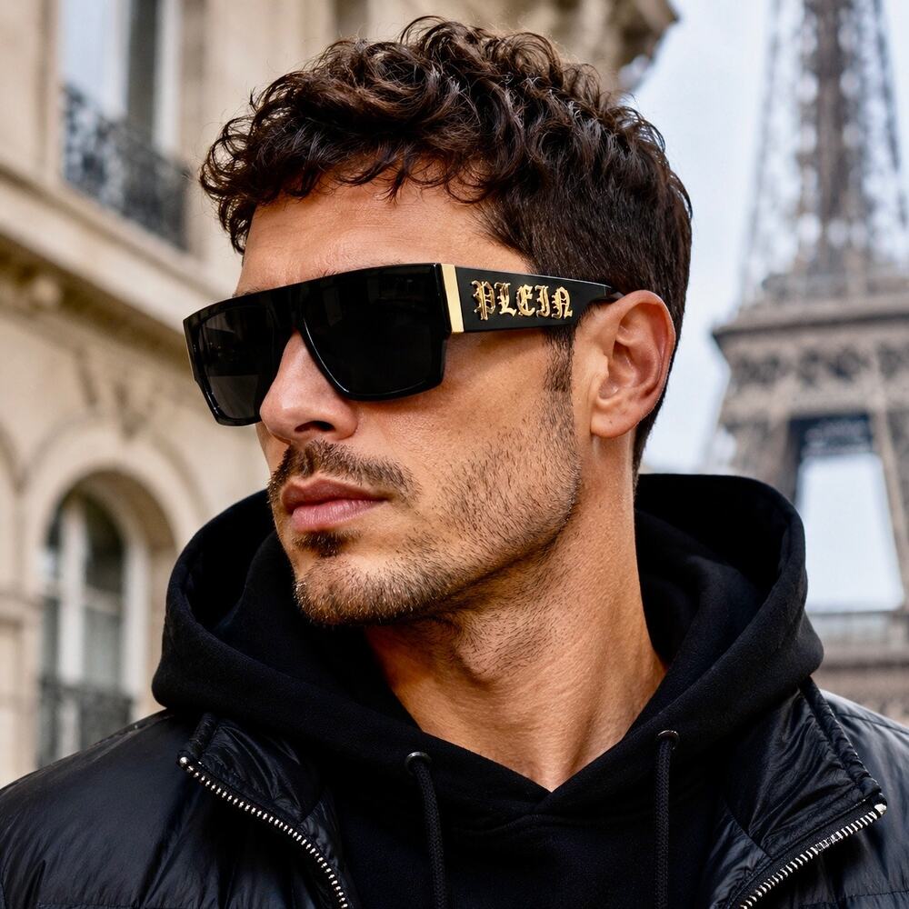 Philipp Plein SPP094M Master Black Shield Sunglasses Gold Logo - Picture 2 of 4
